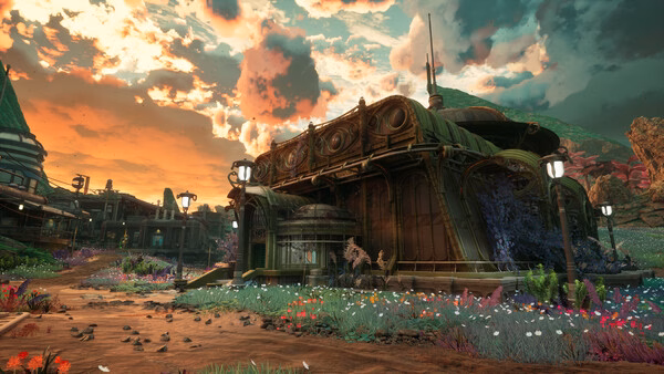 Screenshot from The Outer Worlds 2 showing a futuristic building surrounded by alien flora under a vibrant, colorful sky.