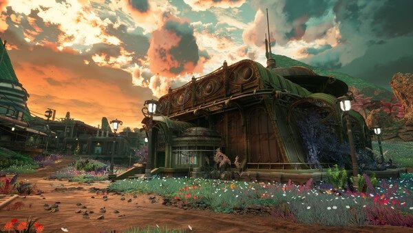 Screenshot from The Outer Worlds 2 showing a futuristic building surrounded by alien flora under a vibrant, colorful sky.