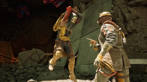 Screenshot from The Outer Worlds 2 showing two characters in combat in a rocky area, one wielding a gun and the other a melee weapon.