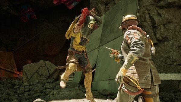 Screenshot from The Outer Worlds 2 showing two characters in combat in a rocky area, one wielding a gun and the other a melee weapon.