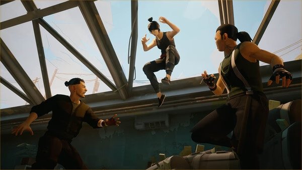 A Sifu screenshot showing the protagonist mid-air, engaging in combat with two enemies inside a building with a broken skylight.
