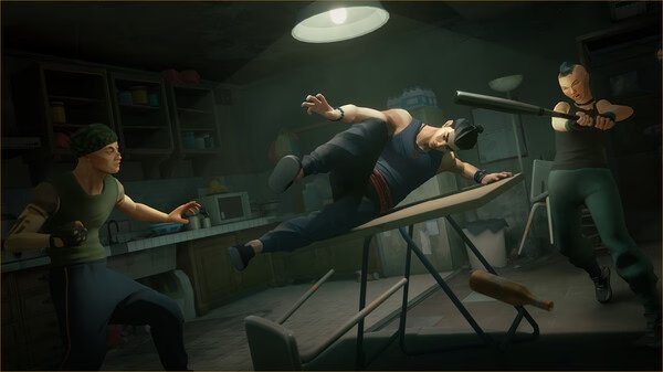 Screenshot from Sifu showing a dynamic fight scene with a character dodging attackers in a dimly lit room.