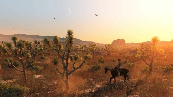 Screenshot from Red Dead Redemption showing a lone rider on horseback traversing a desert landscape at sunset.