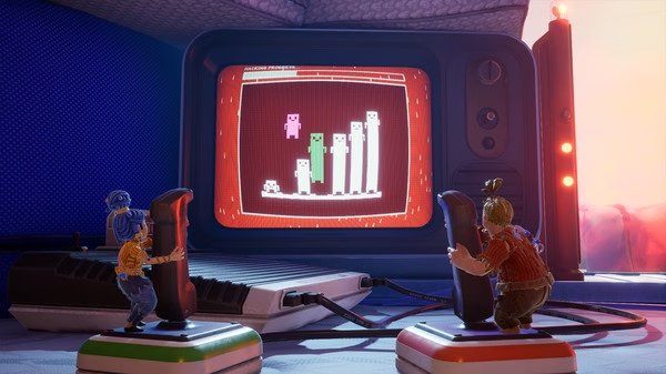 Screenshot from It Takes Two showing two characters controlling joysticks in front of a retro arcade game screen.