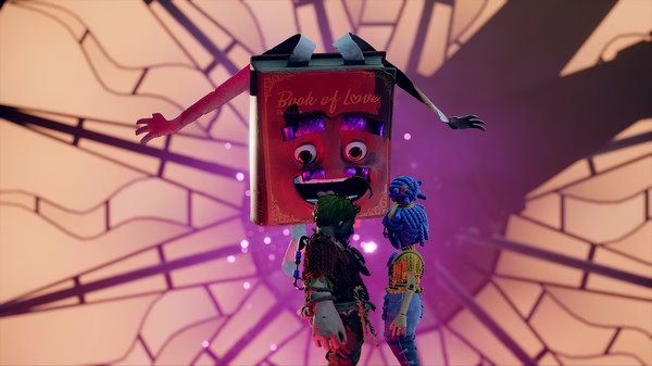 Screenshot from It Takes Two showing two characters facing a large, animated book titled 'Book of Love'.
