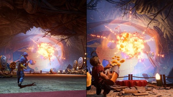 Screenshot from 'It Takes Two': A character runs toward a vibrant explosion in a cavern, with targets visible in the background.
