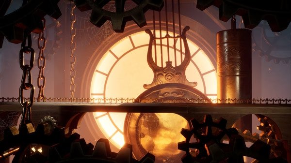 It Takes Two screenshot featuring a beautifully lit clockwork setting with gears, cobwebs, and a glowing clock face in the background.