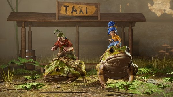 Two characters ride frogs near a wooden taxi stand in a lush area in this 'It Takes Two' game screenshot.