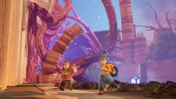 Screenshot from It Takes Two showing two characters running through a whimsical environment with twisted pink trees and glowing lights.