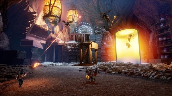 Screenshot from It Takes Two showing two characters battling bees in a cave with glowing lanterns and a large yellow light.