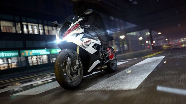 A screenshot from Need for Speed Unbound showing a motorcycle with glowing headlights on a wet street at night.