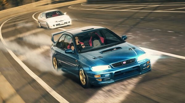 Screenshot from Need for Speed Unbound showing two cars drifting on a curved highway, with a blue car leading a white one.