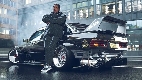 A player stands confidently beside a sleek, black car in a city setting in this Need for Speed Unbound screenshot.