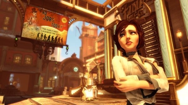 Screenshot from BioShock Infinite showing a character with arms crossed in a vibrant, industrial city street.