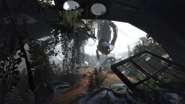 Portal 2 screenshot: A robot stands in a dilapidated, overgrown room with scattered debris and lush vegetation.