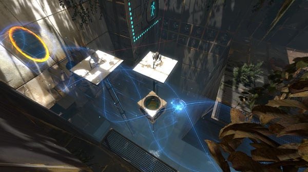 Portal 2 screenshot: A test chamber showing portals, a tractor beam, cubes, and platforms in a puzzle-solving environment.