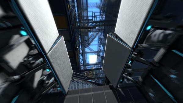 Screenshot from Portal 2 showing a complex industrial chamber with metal structures and bright blue sky visible above.