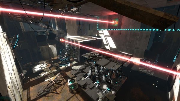 Screenshot from Portal 2 showing a test chamber with laser beams, scattered debris, and testing equipment in a dilapidated room.