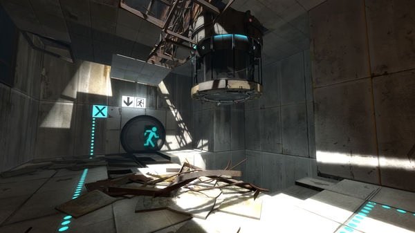 Screenshot from Portal 2 showing a test chamber with a fallen debris pile and a glowing exit sign on the wall.