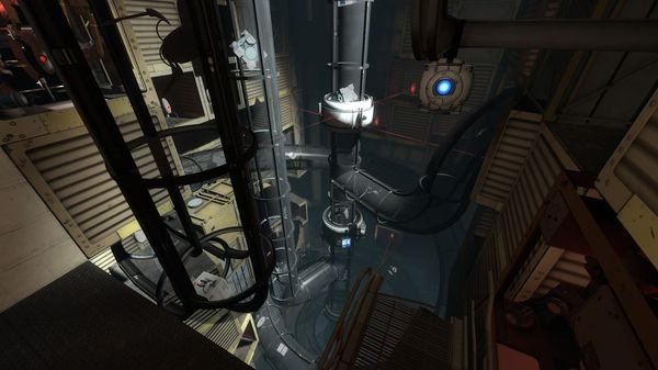 Portal 2 screenshot: A complex test chamber filled with platforms, machinery, and a glowing portal in a futuristic setting.