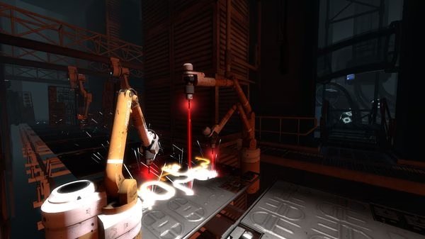 Portal 2 screenshot: Robotic arms with lasers manipulate objects on a conveyor belt in a dark industrial setting.