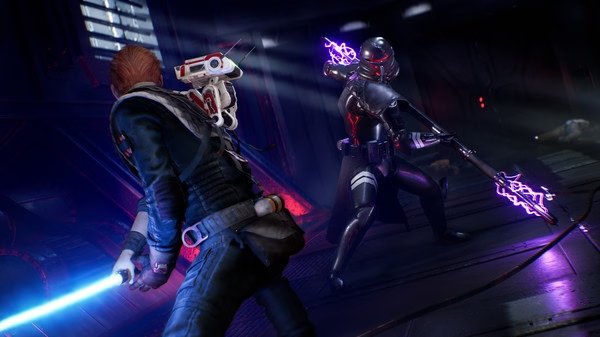 A screenshot from STAR WARS Jedi: Fallen Order showing Cal Kestis battling an enemy wielding an electrified weapon in a dark room.