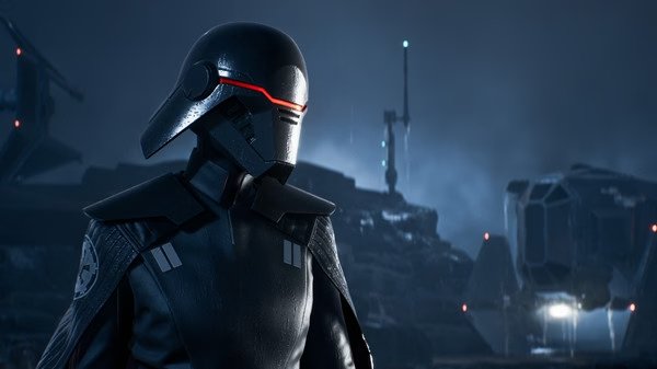 A STAR WARS Jedi: Fallen Order screenshot featuring an Inquisitor in dark armor, with ships and a misty landscape in the background.