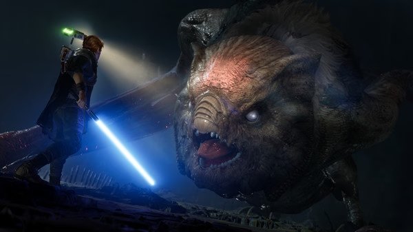 A screenshot from STAR WARS Jedi: Fallen Order shows the protagonist facing off against a large, menacing alien creature with a blue lightsaber.