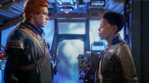 STAR WARS Jedi: Fallen Order screenshot showing two characters talking in a spaceship cockpit.