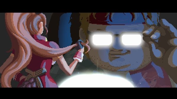Screenshot from DAVE THE DIVER shows a character with glowing glasses facing a person with long hair, in a dimly lit scene.