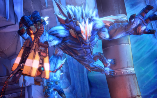 Borderlands 2 screenshot: A large, blue creature leaps toward a robot amidst icy surroundings.