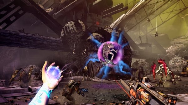 Screenshot from Borderlands 2 showing a player character using a glowing orb ability against robotic enemies in an industrial setting.