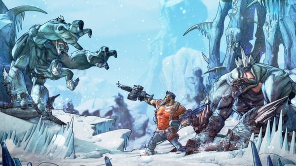 Screenshot from Borderlands 2 showing a character in an icy landscape battling two large, menacing creatures with a gun.