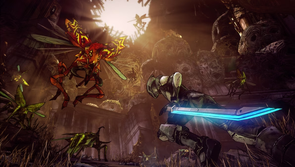 Borderlands 2 screenshot: A character wields a glowing sword, battling insect-like creatures in a desolate, hive-filled environment.