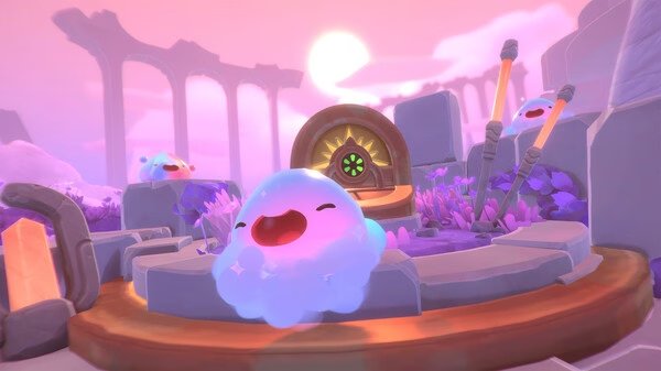 Slime Rancher 2 screenshot: A cheerful blue slime sits in a vibrant, colorful landscape with ancient ruins in the background.