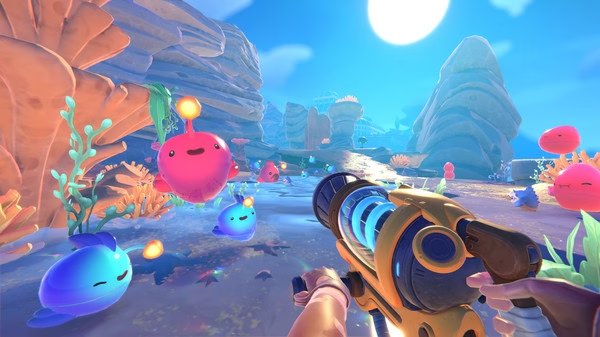 Screenshot from Slime Rancher 2 showing a player with a vacpack surrounded by colorful slimes in a vibrant, rocky landscape.