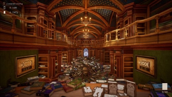 Screenshot of "Librarian: Tidy Up the Arcane Library!" showing a cluttered library with scattered books and a glowing portal.