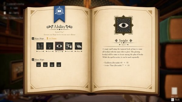 Screenshot from 'Librarian: Tidy Up the Arcane Library!' showing an open spellbook with ability details and magical symbols.