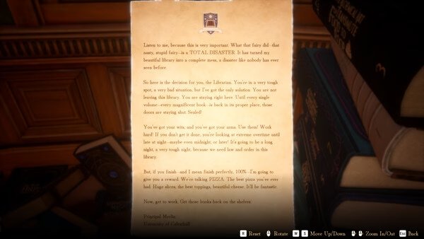 Screenshot from 'Librarian: Tidy Up the Arcane Library!' showing a letter on a table, detailing a library cleanup mission.