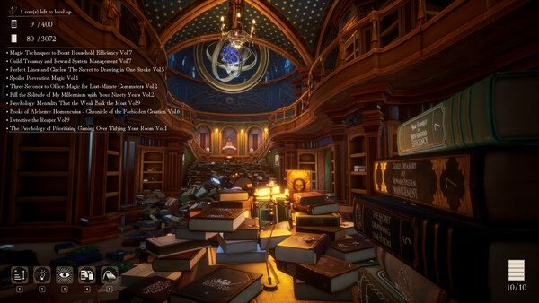 Screenshot from 'Librarian: Tidy Up the Arcane Library!' showing a cluttered library room filled with scattered books and mystical items.