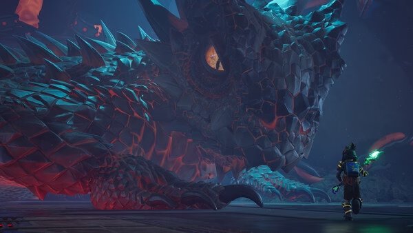 Screenshot from Grounded 2 showing a player facing a giant, detailed dragon in a dark, mystical setting.