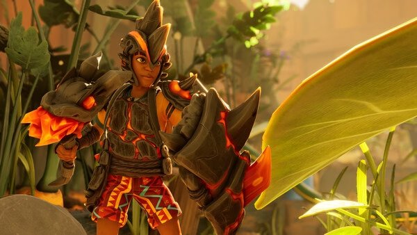 A screenshot from Grounded 2 showing a character in fiery armor wielding a glowing weapon amidst lush, oversized foliage.