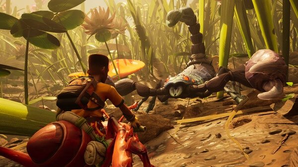 A Grounded 2 screenshot showing a player riding a red ant, facing a large scorpion in a dense, vibrant garden setting.