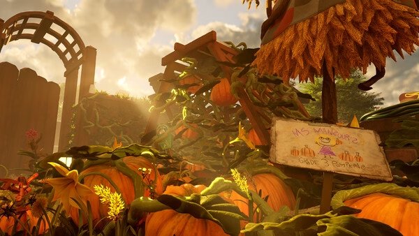 Screenshot from Grounded 2 showing a pumpkin patch with a sign reading "Ms. Mancur's Grade 3 Pumpkin Pie" in warm sunlight.