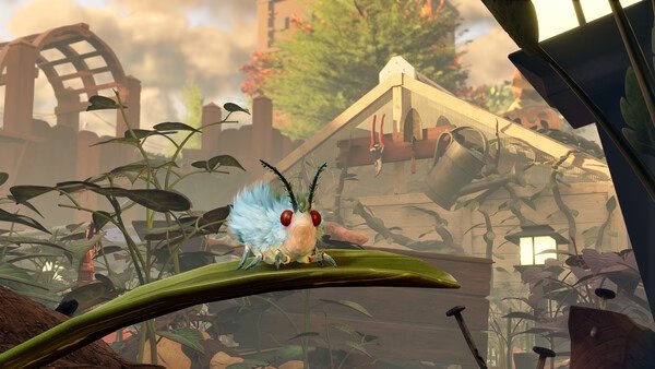 Grounded 2 screenshot: A fluffy moth with red eyes perched on a leaf in a garden, with a wooden shed in the background.