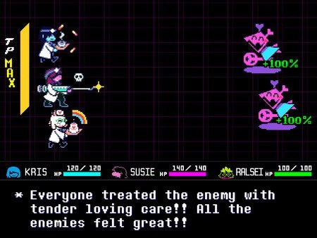 DELTARUNE screenshot: Kris, Susie, and Ralsei heal enemies with care in a turn-based battle, showing bright visuals and HP changes.