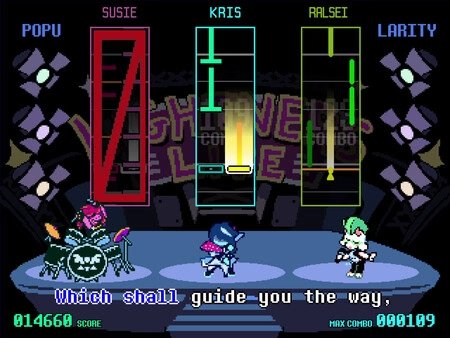 DELTARUNE screenshot: Susie, Kris, and Ralsei engage in a rhythm battle on stage, with score bars above them.