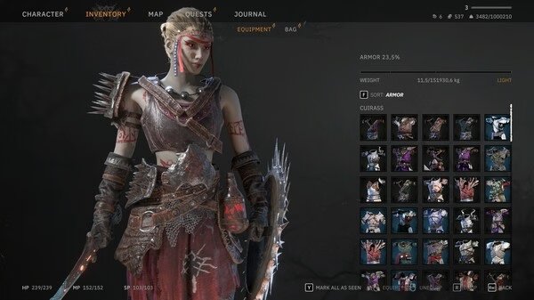 Screenshot from 'Tainted Grail: The Fall of Avalon' showing character inventory screen with armor and equipment options.