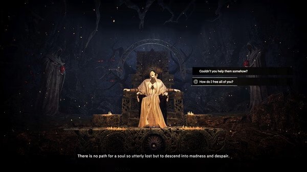 Tainted Grail: The Fall of Avalon screenshot showing a mysterious figure in robes seated on a dark throne surrounded by eerie statues.
