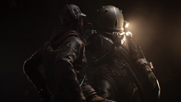 Screenshot from "Cronos: The New Dawn" showing a character in a cap facing a futuristic armored figure in a dimly lit setting.